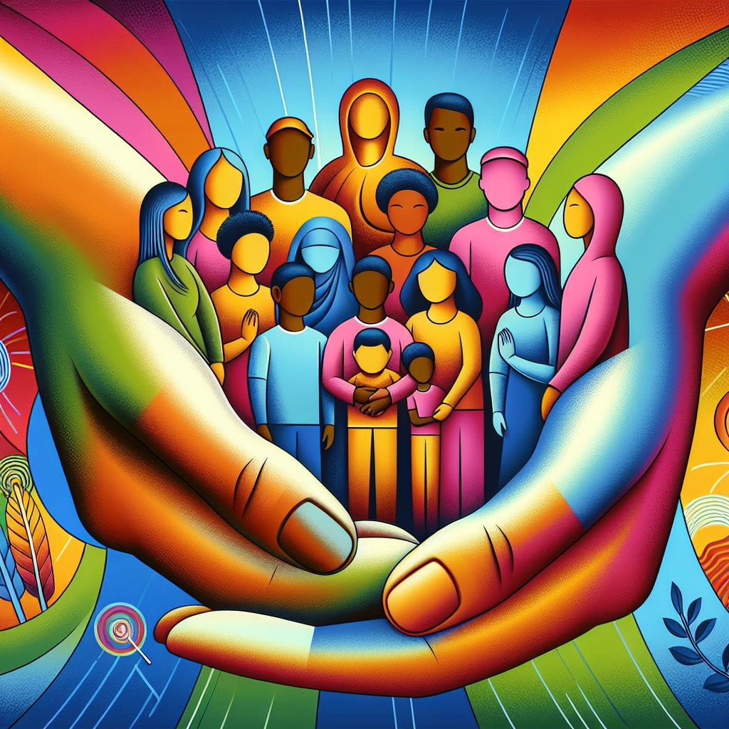 Image shows a pair of hands holding a group of people to keep them safe.
